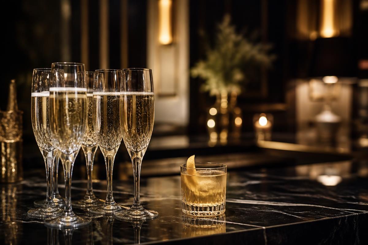 Elegant champagne glasses and a golden cocktail at an evening reception